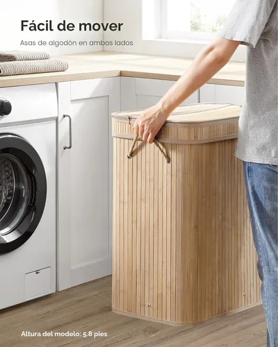 Miniatura 9 de SONGMICS Cesta de lavandería con tapa, cesta de lavandería de bambú, extraíble lavable a máquina, con asas, 26.4 galones, para lavandería, Beige