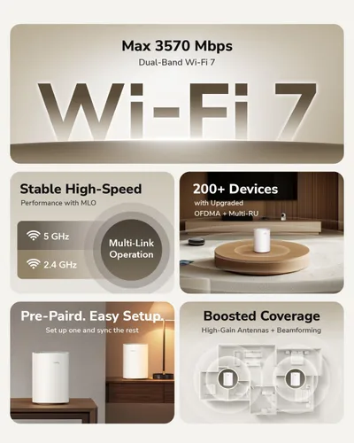 Miniatura 2 de Cudy Sistema de malla Wi-Fi de doble banda BE3600 WiFi 7, 3.6 Gbps 160 Mhz, cobertura de hasta 1000 pies cuadrados, 3 puertos Gigabit, compatible