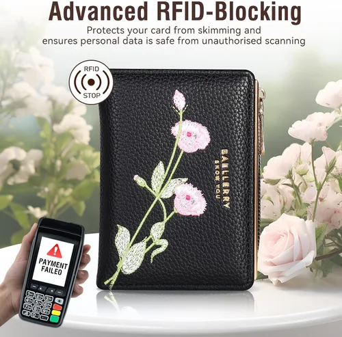 Miniatura 4 de Billetera pequeña para mujer, doble bordado, con flores, bloqueo RFID, piel sintética, con bolsillo con cremallera para mujeres y niñas (negro)