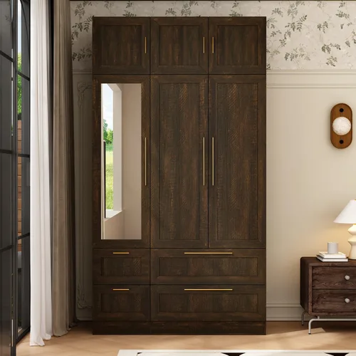 Miniatura 3 de Armario con espejo, Armario de 3 puertas con 4 cajones, estantes, barra para colgar, Armario moderno para dormitorio con asas doradas, gabinete