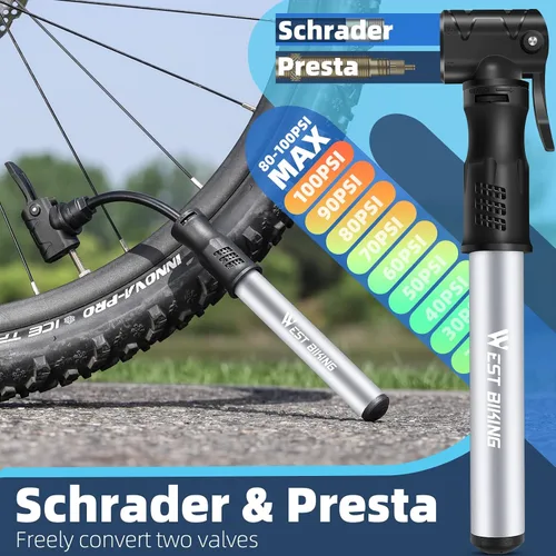 Miniatura 2 de Bomba de bicicleta Mini bomba de bicicleta – Bomba de ciclo de aleación de aluminio para válvula Presta y Schrader, bomba de neumáticos de bicicleta