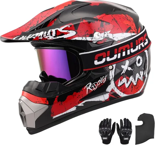Miniatura 12 de Casco OUMURS DOT para ATV de todoterreno con gafas, guantes y mascarilla, con visera solar ajustable para motocicleta, para adultos, todoterreno