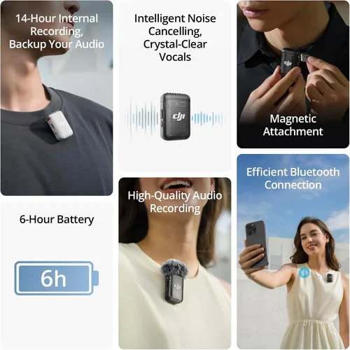 Miniatura 2 de DJI Transmisor Mic 2 (blanco perla), micrófono inalámbrico con cancelación inteligente de ruido, grabación interna de 14 horas, batería de 6 horas