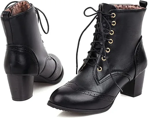 Miniatura 2 de VOKLIN Botines de tacón medio grueso para mujer, con puntera redonda, con cordones, estilo Oxford occidental, con cordones