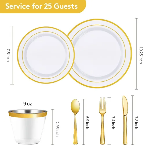 Miniatura 3 de Goodluck 150 platos desechables dorados para 25 invitados, fiesta de plástico, boda, juego de vajilla de platos llanos, cucharas de ensalada