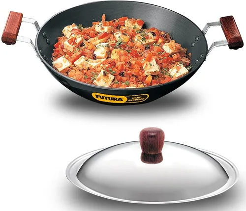 Hawkins Futura - Sartén profunda de 2,5 litros, anodizado duro con tapa de acero inoxidable, Kadhai de fondo plano, color negro (AD25S)