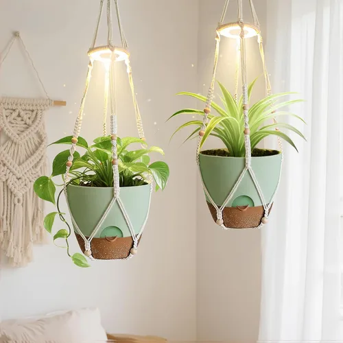 Miniatura 10 de Macetas colgantes para plantas de interior: paquete de 2 perchas de macramé con luces de cultivo y macetas de riego automático, macetas colgantes