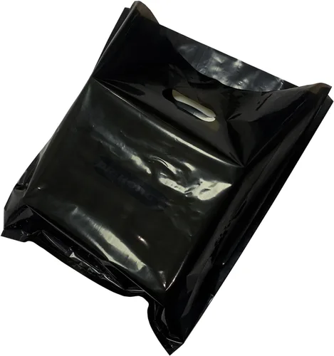 Miniatura 11 de Krodtige Paquete de 100 bolsas de compras negras de 16 x 18 x 2 mil de grosor con asas troqueladas, bolsa de plástico brillante, perfectas