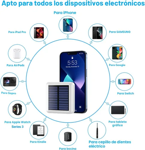 Miniatura 3 de Cargador solar portátil de 12000 mAh, batería de energía solar pequeña, batería externa con entrada/salida USB C con 4 cables incorporados, linterna