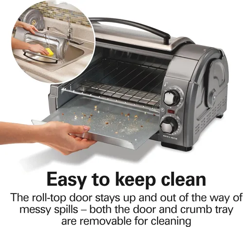 Miniatura 7 de Horno tostador Hamilton Beach Easy Reach para encimera, 4 rebanadas, con puerta enrollable, 1200 vatios, para pizza de 9 pulgadas, 3 funciones