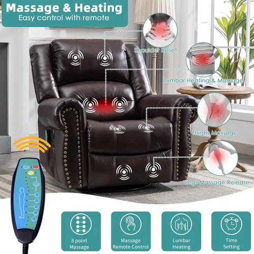 Miniatura 3 de MEETWARM Sillón reclinable giratorio de masaje con calor y vibración, mecedora manual mecedora, silla reclinable giratoria de 360° con control
