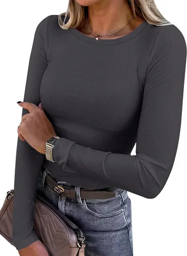 Miniatura 34 de ANRABESS - Camisetas de manga larga para mujer, de punto acanalado, ajustadas, básicas, 2025, informales, para usar a capas o debajo del uniforme