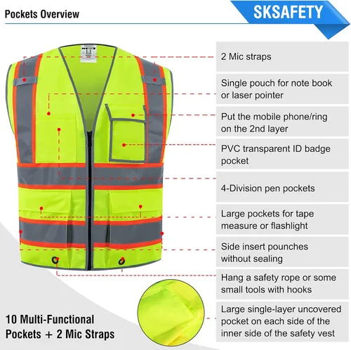 Miniatura 6 de SKSAFETY Chaleco de seguridad de 10 bolsillos, clase 2 de alta visibilidad con cremallera, chaleco de alta visibilidad con tiras reflectantes