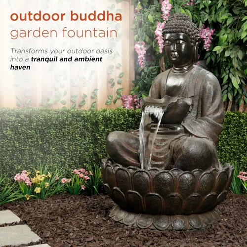 Miniatura 10 de Alpine Corporation WIN1586 Fuente de Buda pacífica para exteriores con luces LED, fuente de agua de jardín de Buda, 44 pulgadas de alto, marrón