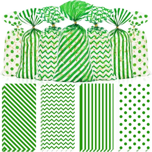 Whaline 160 bolsas de celofán verde, bolsas de regalo para el día de San Patricio, bolsas de regalo transparentes verdes y blancas con rayas