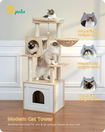 Miniatura 6 de PETEPELA Árbol para gatos de 56.7 pulgadas con caja de arena, torre grande de madera para gatos de interior con armario de almacenamiento y acogedor