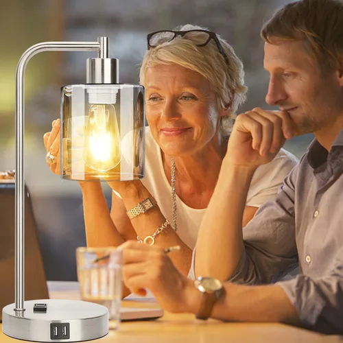 Miniatura 5 de Juego de 2 lámparas de mesa con control táctil industrial - Lámparas de mesita de noche en níquel cepillado con 2 puertos USB y enchufe de CA
