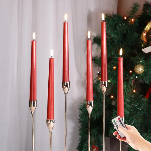 Eywamage Juego de 6 velas cónicas sin llama rojas con control remoto, parpadeantes con batería LED de cera para decoración del hogar Rojo