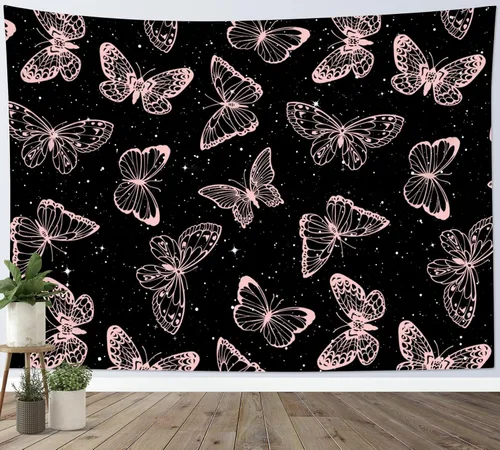 Miniatura 16 de HVEST Tapiz espacial de mariposa en galaxia para dormitorio, cielo estrellado blanco y negro para colgar en la pared para sala de estar, decoración