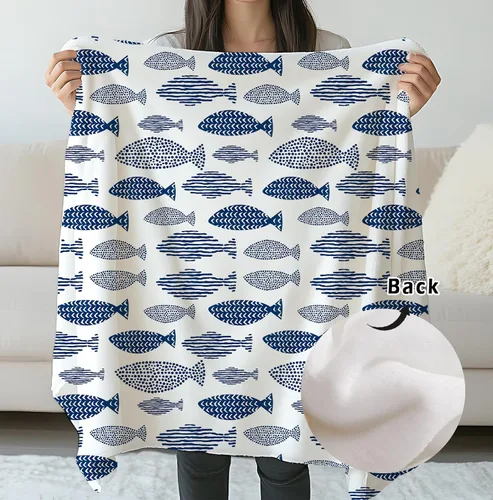 Miniatura 2 de SPBL&L Manta de peces de playa costera, azul y blanco, manta náutica de peces oceánicos para cama, sofá, dormitorio, sala de estar, decoración