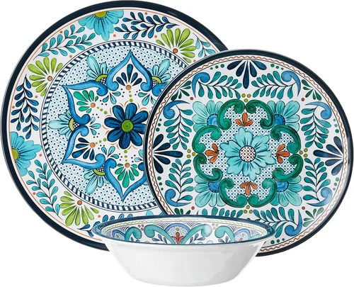 Miniatura 2 de Juego de vajilla Talavera de melamina de 12 piezas – Platos y cuencos multicolores para 4, inspirados en azulejos españoles, duraderos, livianos, a