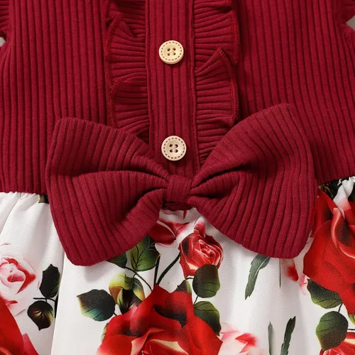 Miniatura 6 de Vestido de verano para niña pequeña, sin mangas, con volantes, con lazo, falda floral y empalme