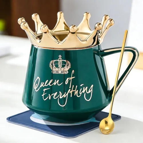Miniatura 12 de Arawat Queen of Everything - Taza con tapa, taza negra dulce con corona de café, taza de 12 onzas, regalo con cuchara y posavasos, taza de té