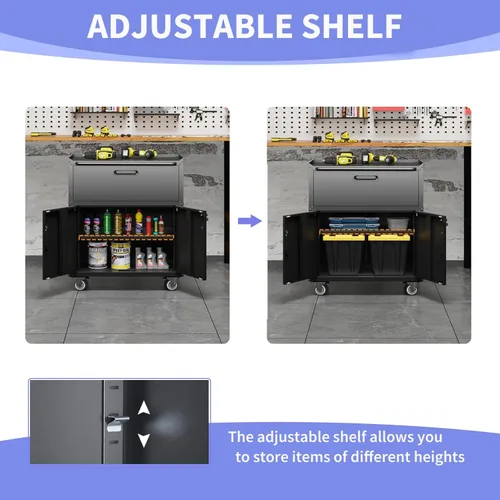 Miniatura 6 de Armario de almacenamiento de metal para garaje con ruedas, gabinete rodante con cerradura para herramientas con cajón y estantes, gabinete móvil