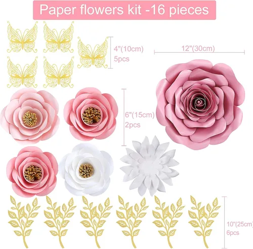 Miniatura 9 de Grandes decoraciones de flores de papel para pared, decoración de pared de flores artificiales 3D con pegatina de mariposa dorada para habitación
