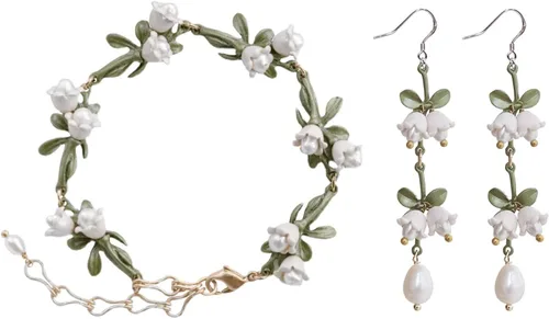 Juego de aretes colgantes hechos a mano, pulseras para mujer, aretes de onda torcida en tono plateado, aretes vintage de perlas cultivadas de lirio