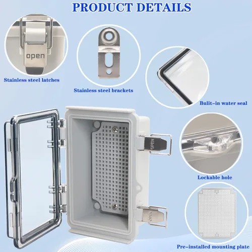 Miniatura 3 de Caja eléctrica impermeable, caja de conexiones IP67, pestillo de acero inoxidable, cubierta transparente con bisagras, carcasa para proyectos
