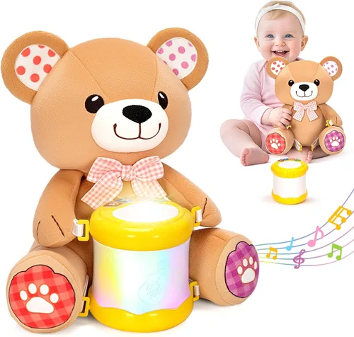 V-Opitos Juguetes Musicales de Oso de Peluche para Bebés de 6-12 Meses+, Tambor Musical de Aprendizaje Temprano con Luces, Regalos Perfectos de