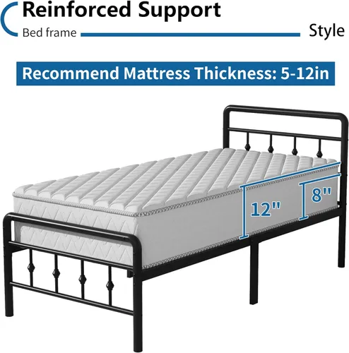 Miniatura 4 de DiaOutro Base de cama clásica de metal con cabecero y estribo, 16 pulgadas, no necesita somier, resistente estilo victoriano, base de Negro mate