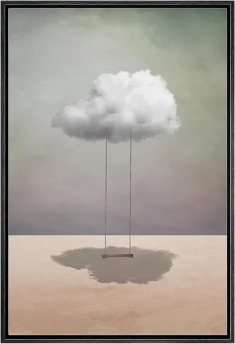 IDEA4WALL Lienzo enmarcado para pared, acuarela en colores pastel, columpio en la nube, paisaje surrealista, fantasía y ciencia ficción,