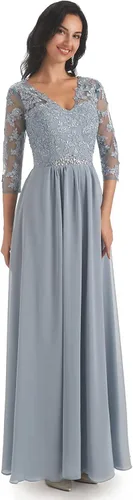Miniatura 4 de Vestido largo formal de noche para mujer con apliques de encaje con cuello en V y mangas