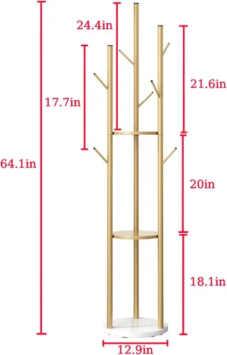 Miniatura 5 de Percheros de oro para abrigos independientes con 9 ganchos, soporte de metal para abrigos con base de mármol pesada, colgador de abrigos
