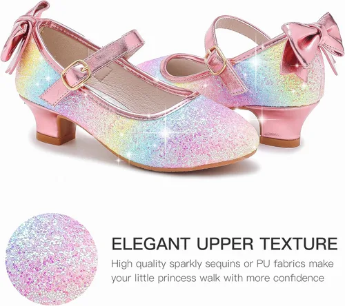 Miniatura 4 de Dufannie Zapatos de vestir para niñas, zapatos de tacón bajo de princesa, zapatos planos con purpurina para bodas y fiestas