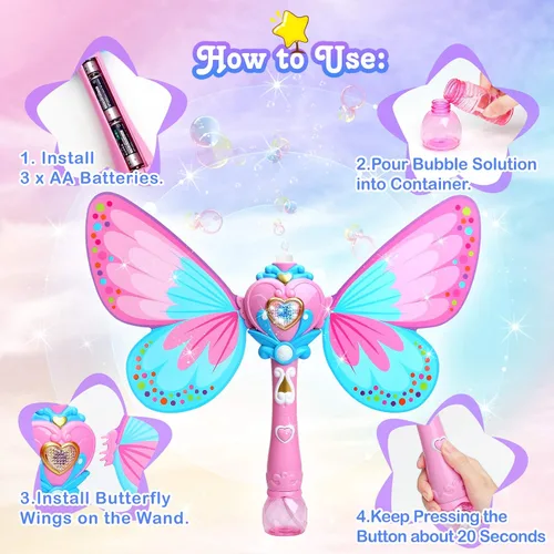 Miniatura 4 de Sitodier Máquina de burbujas para niños, soplador de burbujas de mariposa para niños pequeños, más de 1000 burbujas por minuto, juguetes para soplar