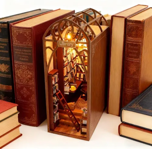 Miniatura 3 de Kit de rincón de libros para bricolaje con luces LED, rompecabezas de madera 3D para insertar en estantería y decoración de casa de muñecas, kit