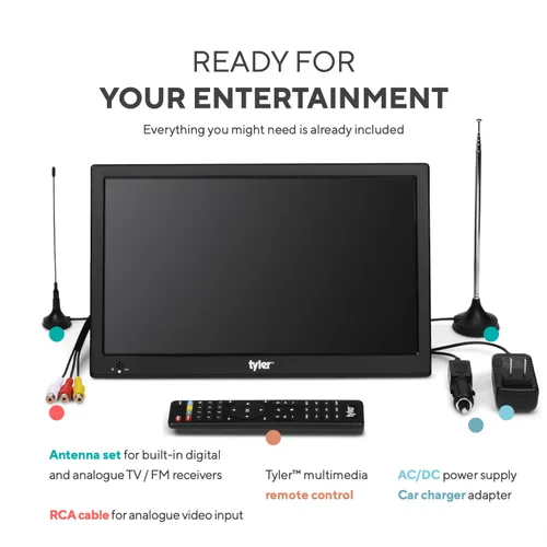 Miniatura 6 de Tyler 13" Monitor LCD de TV portátil con batería, capacidad inalámbrica, HD-TV, HDMI, ranura para tarjeta SD, USB, RCA, AC/DC, radio FM, cargador