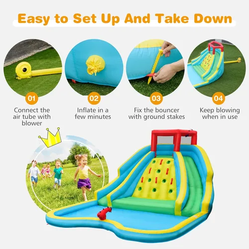 Miniatura 7 de KOTEK Tobogán acuático inflable, parque acuático gigante inflable con piscina grande para salpicaduras, 2 toboganes, pared de escalada y manguera