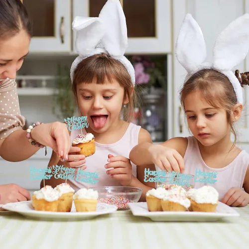 Miniatura 4 de Gyufise Paquete de 24 adornos azules con purpurina para cupcakes de Pascua con orejas de conejo de Pascua, decoraciones para fiesta de Pascua