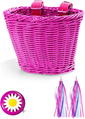 Miniatura 10 de Hestya Juego de cestas de bicicleta para niños, cesta de mimbre, cesta de bicicleta para manillar para niñas con 2 luces LED para ruedas