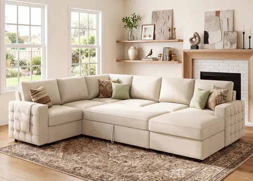 Miniatura 14 de HONBAY Sofá seccional con cama extraíble, sofá cama seccional con almacenamiento, sofás en forma de U para sala de estar, terciopelo beige