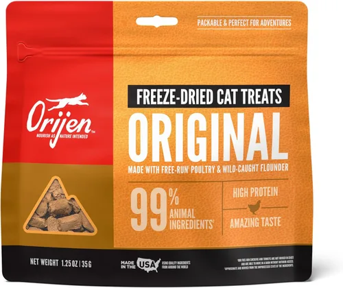 ORIJEN Golosinas para gatos liofilizadas sin granos de alta proteína con ingredientes animales crudos originales, bolsa de 1.25 oz