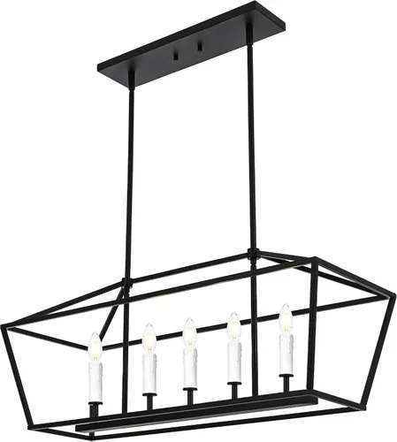 Miniatura 8 de Lámpara moderna de 5 luces para isla de cocina en acabado dorado, lámpara colgante industrial con marco de metal para comedor, vestíbulo, cafetería