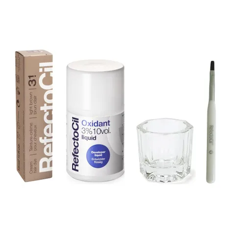 Kit de teñido de cabello RefectoCil incluye tinte en crema para el cabello + oxidante líquido 3% + cepillo para mezclar y plato de mezcla #3.1