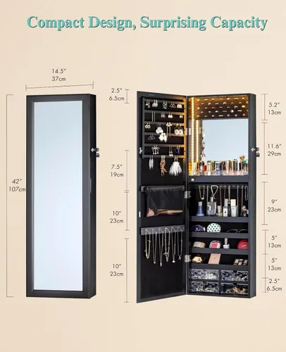 Miniatura 14 de LUXFURNI Espejo con luces LED, armario de joyería montado en la pared o para colgar en la puerta, espejo de longitud completa de 42 pulgadas