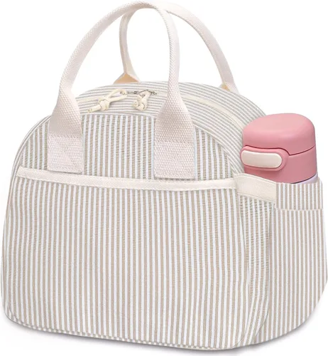 Miniatura 8 de Carry bloom Lonchera para mujer, lonchera aislada, bonita lonchera de pana reutilizable para el trabajo (1 rayas blancas y negras)