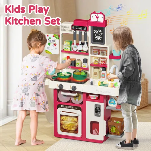 Miniatura 7 de Letapapa Juego de Cocina Infantil, Juguetes de Cocina con Sonido y Luz Realistas, Estufa de Cocina, Fregadero, Comida de Juego y Accesorios de Rojo